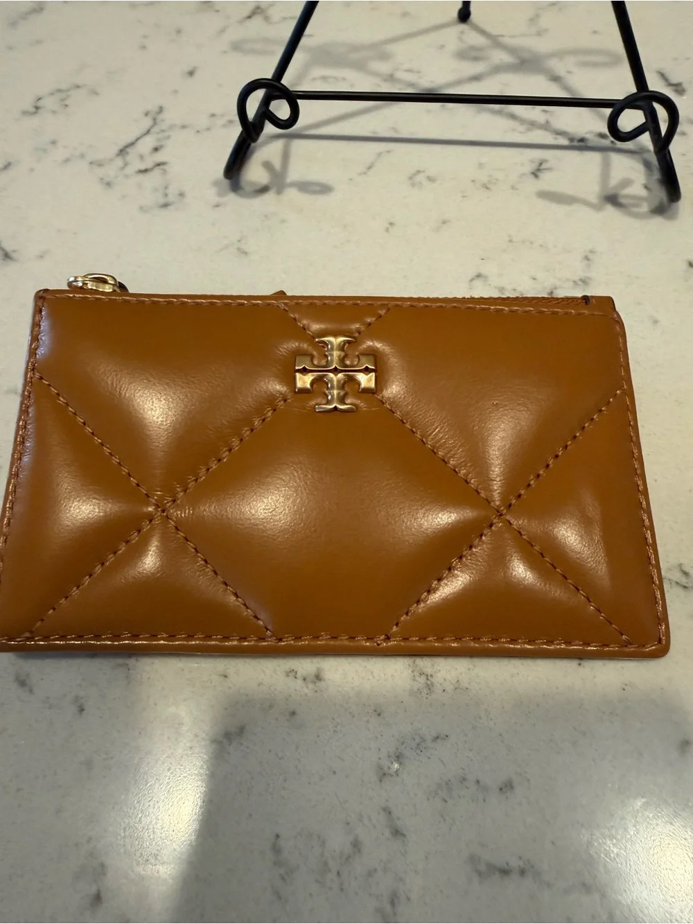 Tory Burch Caramel Quilted Leather Zip Card Holder with Gold Logo